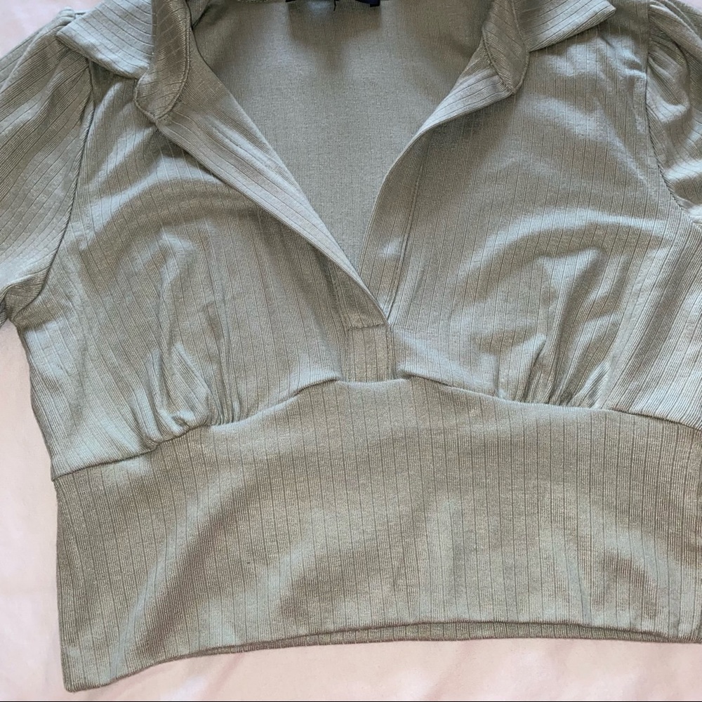 Lulu’s Sage Green Ribbed Collared Short Sleeve Crop Top - Picture 7 of 8
